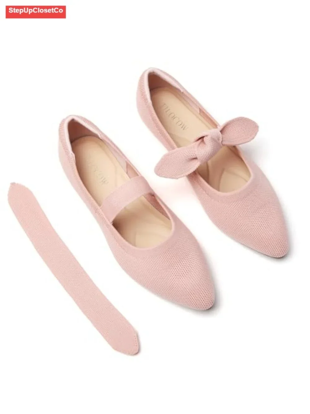 Knit Bow Ballet Flats Pointed Toe Mary Jane Shoes Comfortable Dressy Loafers
